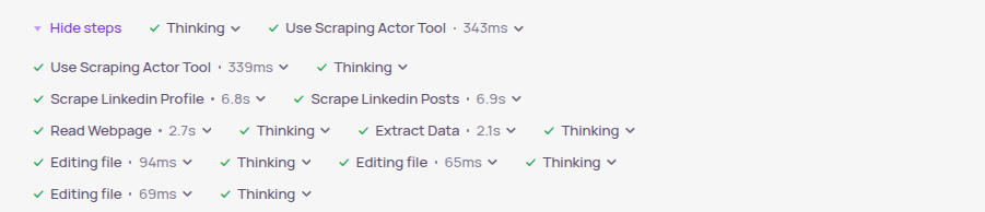 Radish activity stream showing LinkedIn profile and post scraping, webpage reads, data extraction, and file edits interleaved with thinking steps