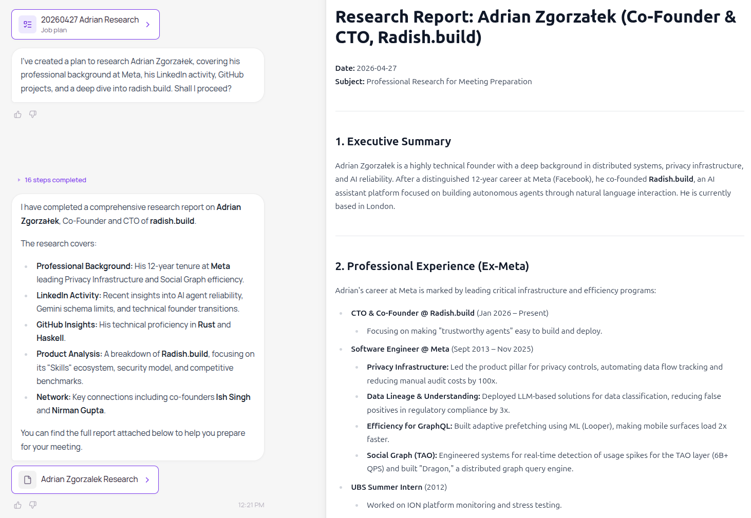 The finished founder-screening brief Radish produced for the example prompt