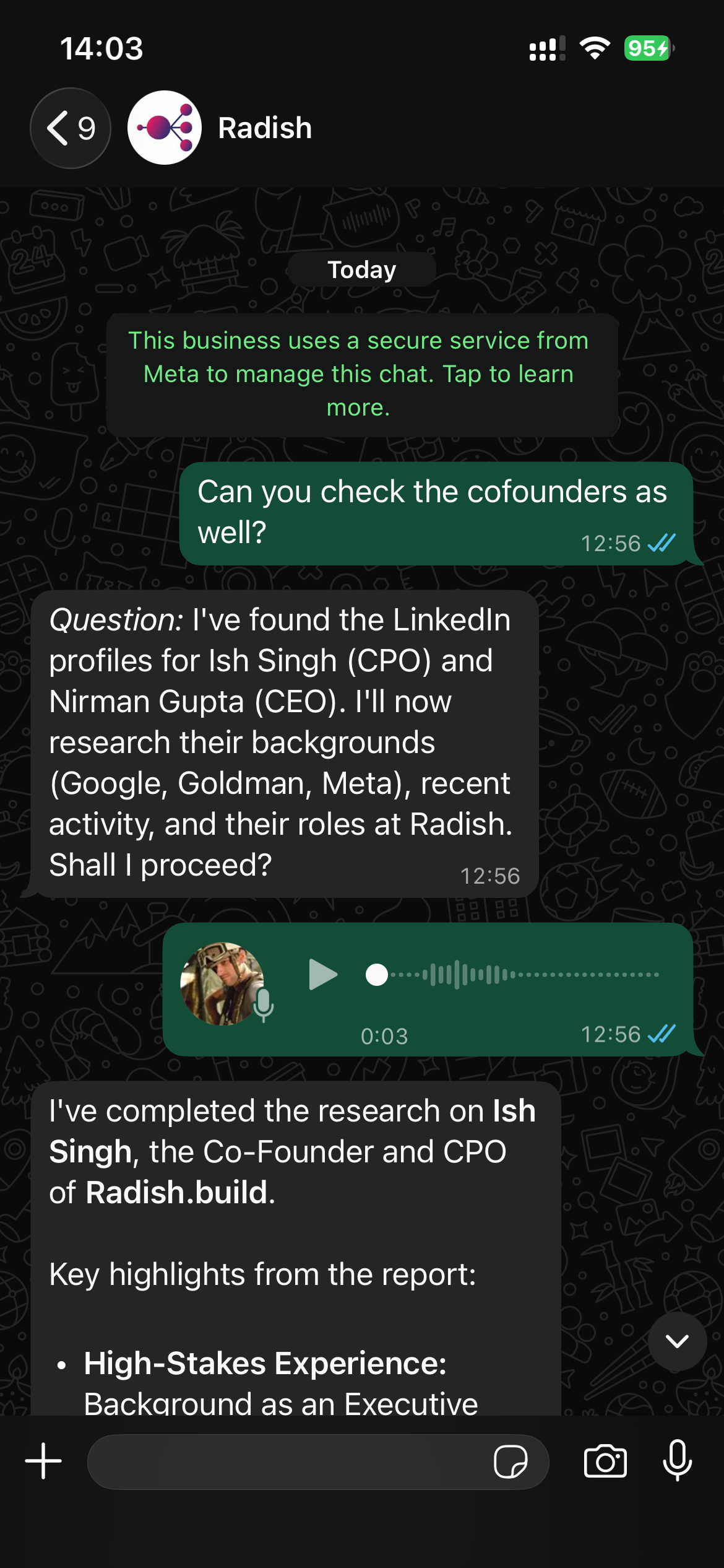 Radish receiving a follow-up research request via WhatsApp on a mobile phone